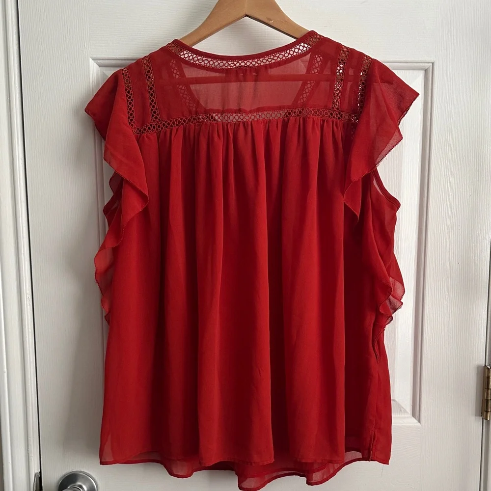 LOFT Red Ruffle Sleeve Blouse - Picture 6 of 7